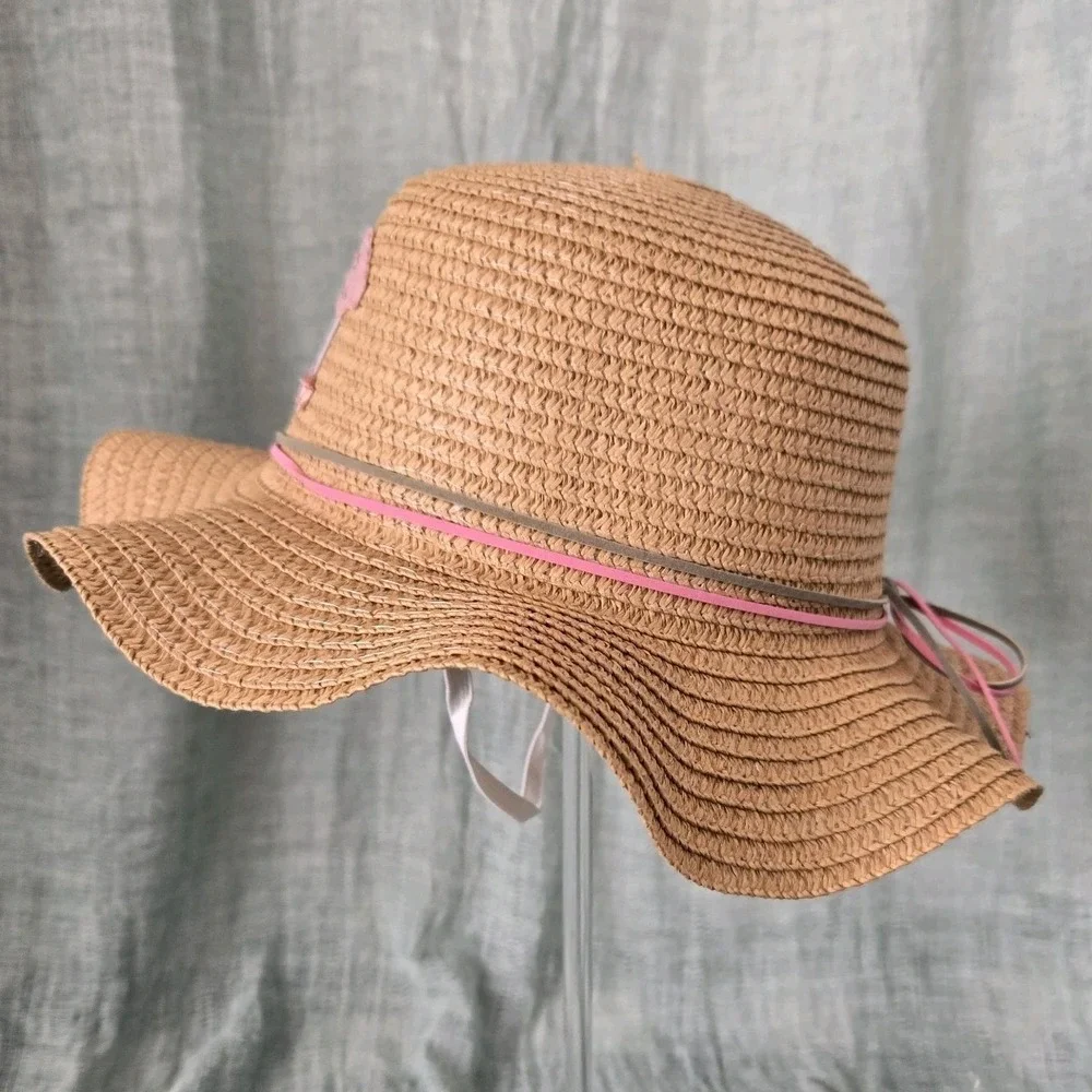 Girl's Tan Straw Floppy Brim Sun Hat Easter Spring Light Airy Chin Strap‎